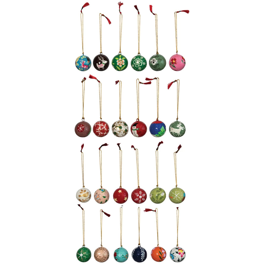Round Hand-Painted Paper Mache Ball Ornaments