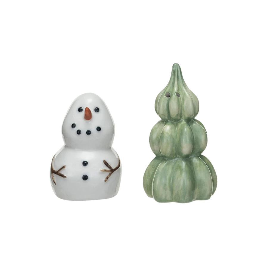 Stoneware Snowman & Tree Salt & Pepper Shakers | Set of 2