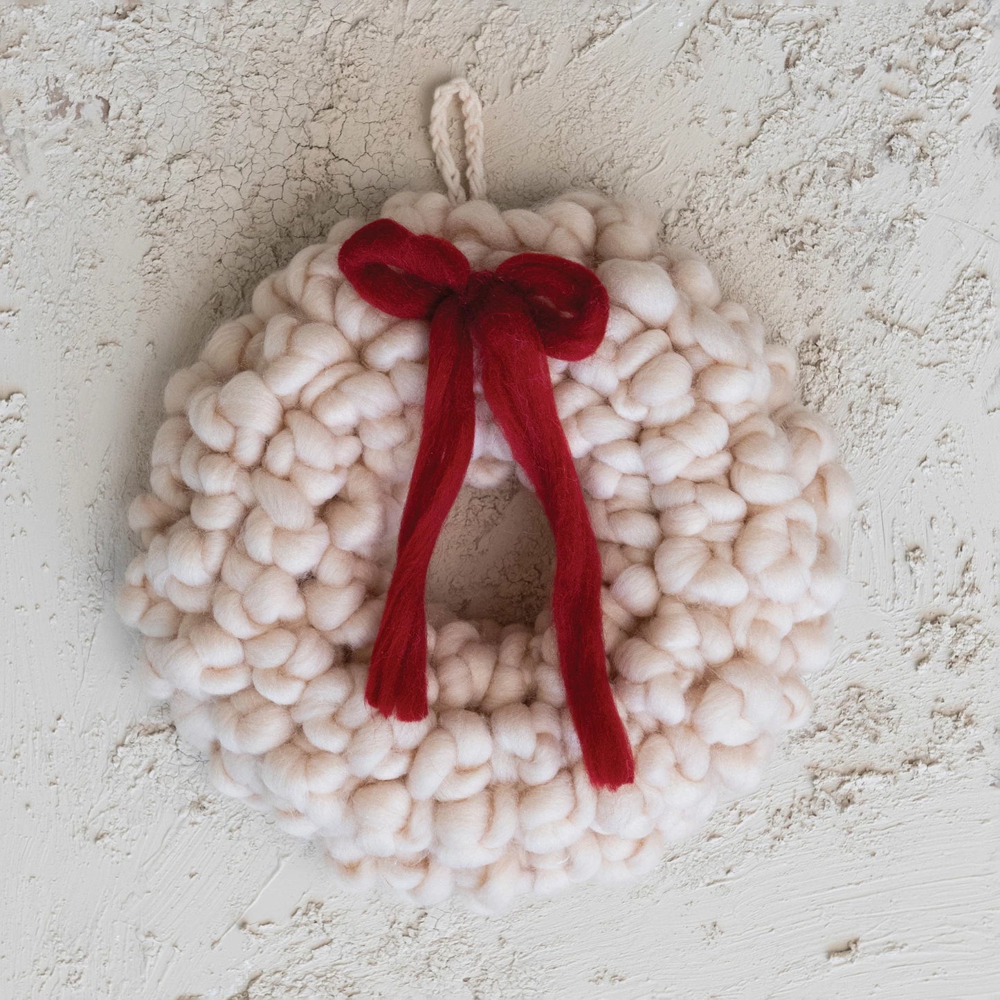 Cream Wool Wreath with Red Bow