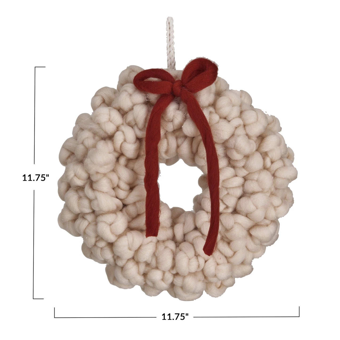 Cream Wool Wreath with Red Bow