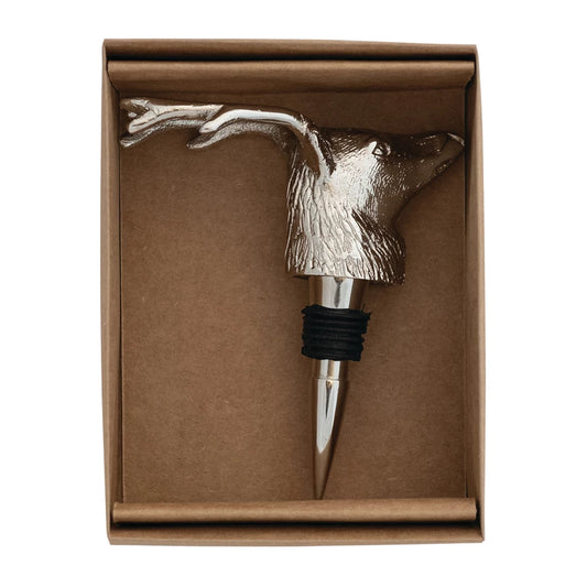 Cast Aluminum Deer Head Bottle Stopper in Kraft Box, Nickel Finish