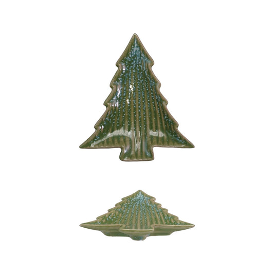 Stoneware Ribbed Tree Shaped Plate, Blue & Green