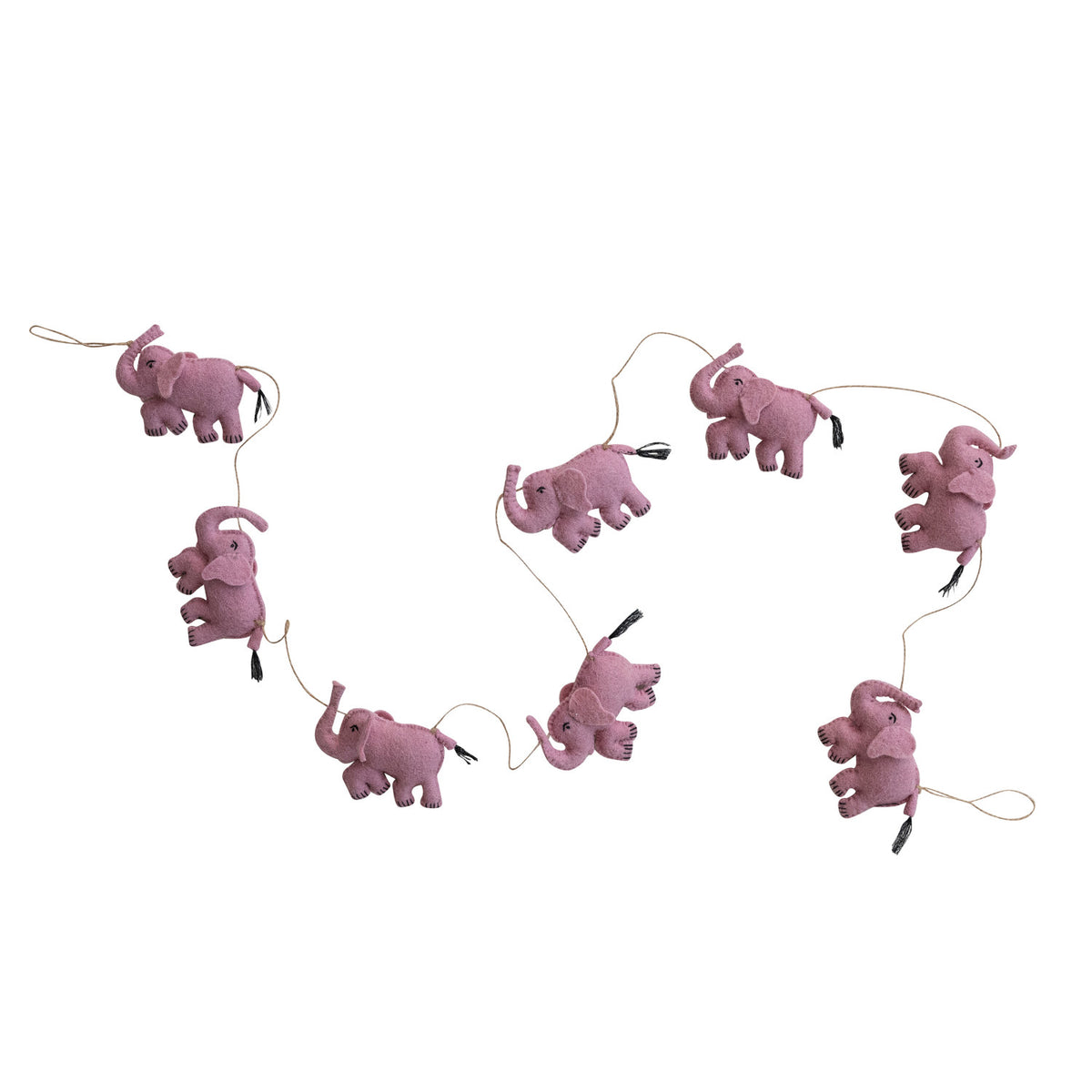 Handmade Wool Felt Pink Elephant Garland with Jute Cord