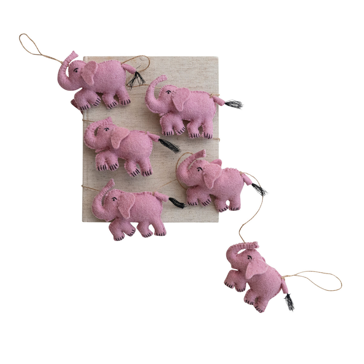 Handmade Wool Felt Pink Elephant Garland with Jute Cord