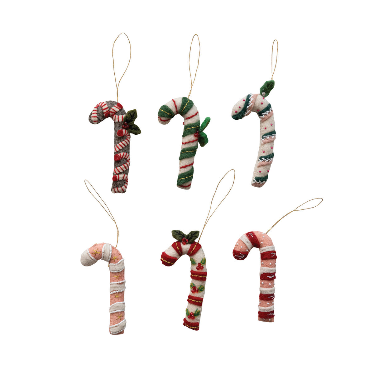 Handmade Wool Felt Candy Cane Ornament with Applique, Embroidery & Beads, 6 Styles