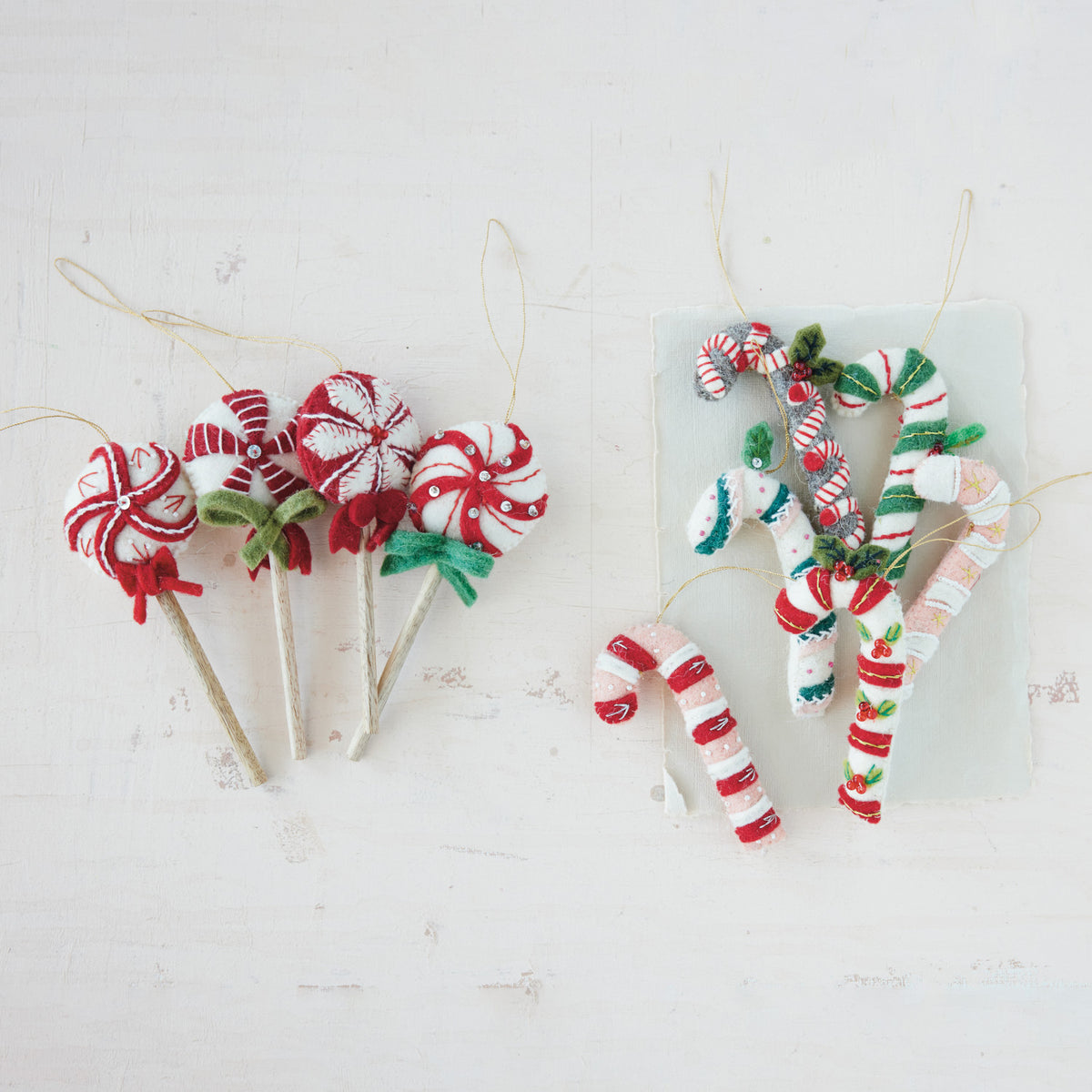 Handmade Wool Felt Candy Cane Ornament with Applique, Embroidery & Beads, 6 Styles