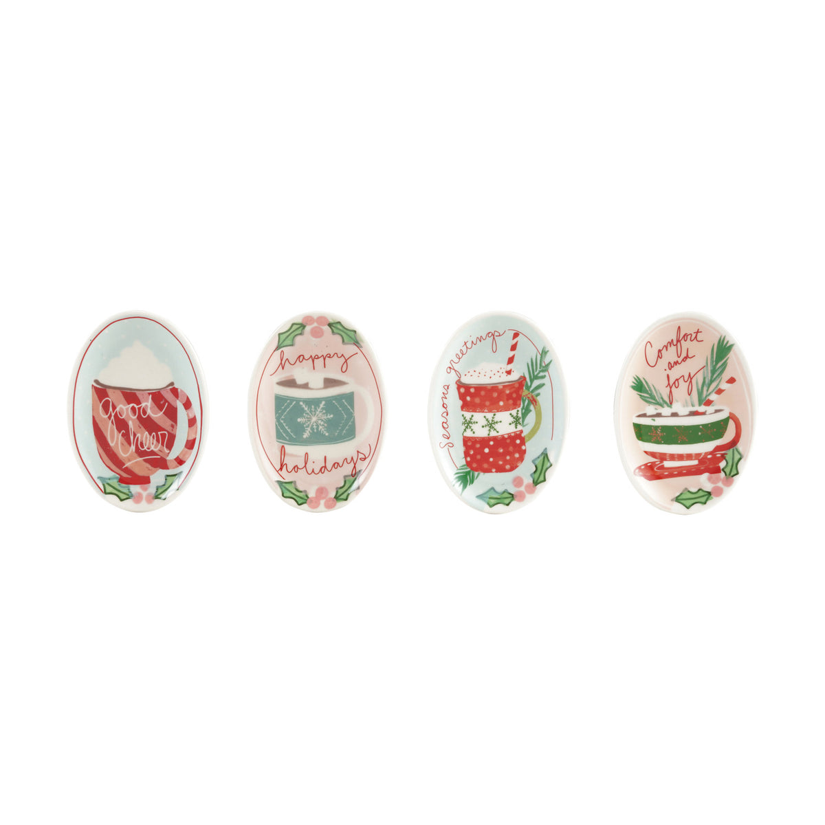 Hand-Painted Stoneware Dish with Holly, Hot Chocolate & Holiday Saying, 4 Styles