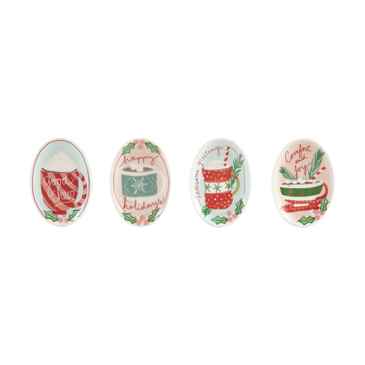 Hand-Painted Stoneware Dish with Holly, Hot Chocolate & Holiday Saying, 4 Styles