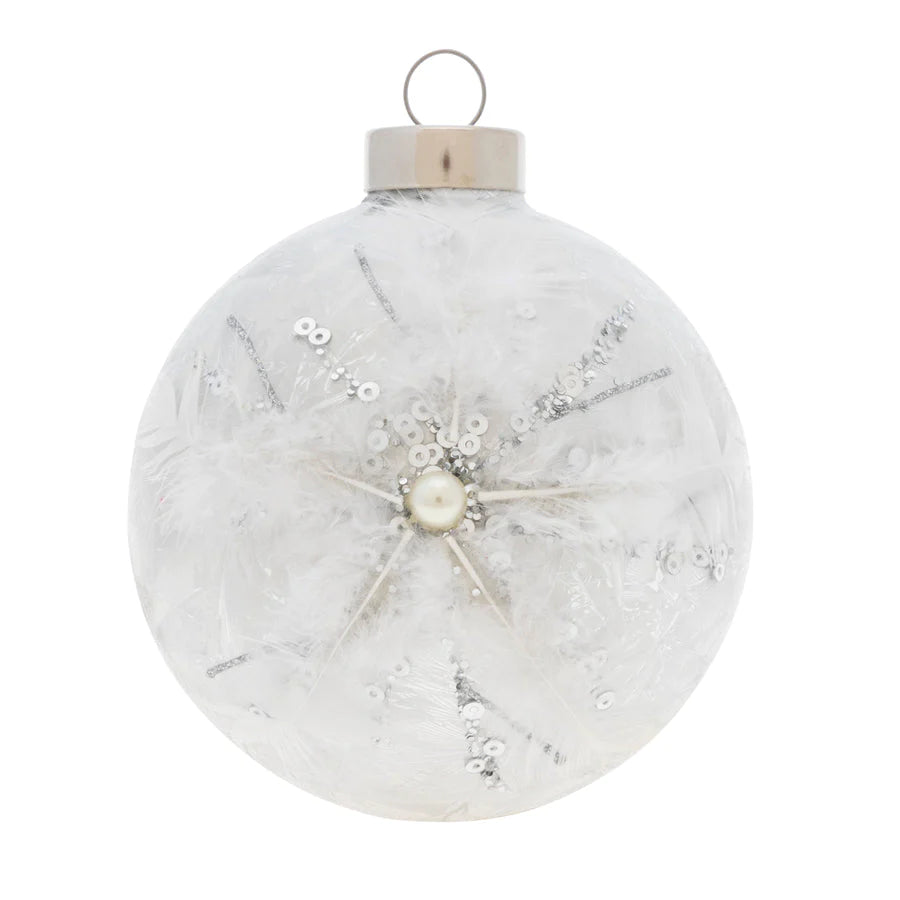 Silver Feather Jewelled Round Ornament