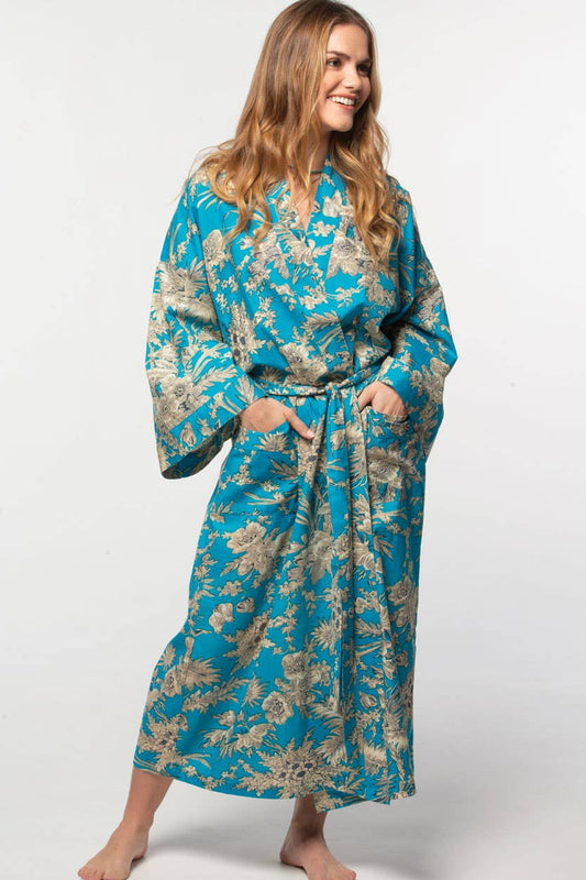 Long Kimono Robe - Turquoise & Gold