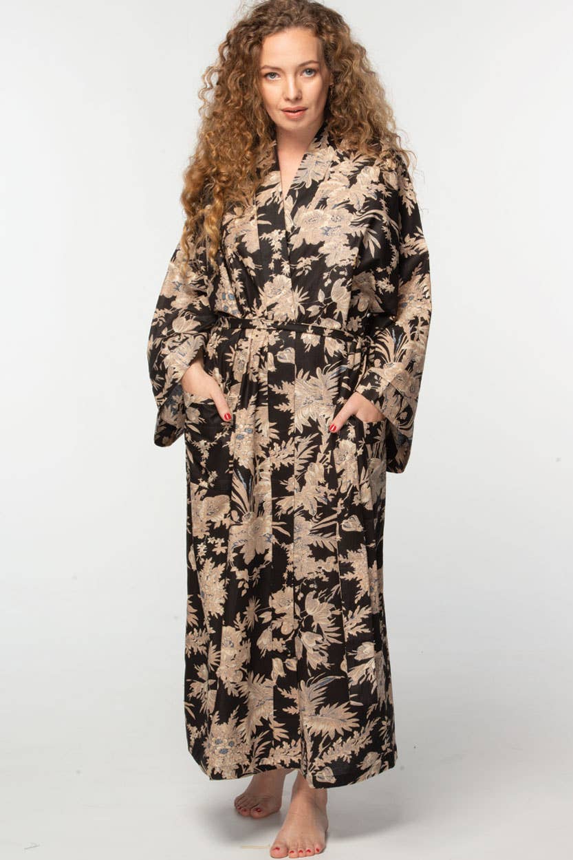 Long Kimono Robe - Black & Gold