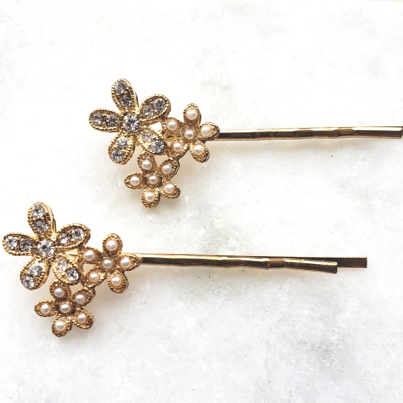 Set of Two Cubic Zirconia Hair Clips - Flowers