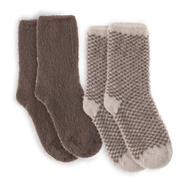 Long Fur Mini Check Crew Sock- Sand- 2PK