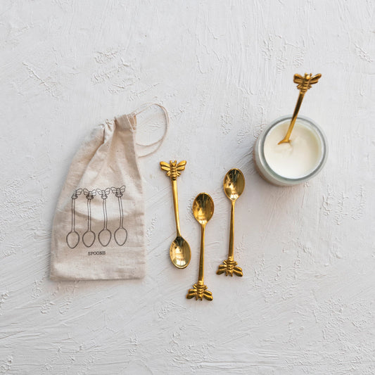Brass Spoons - Bees, Set of 4, Printed Drawstring Bag