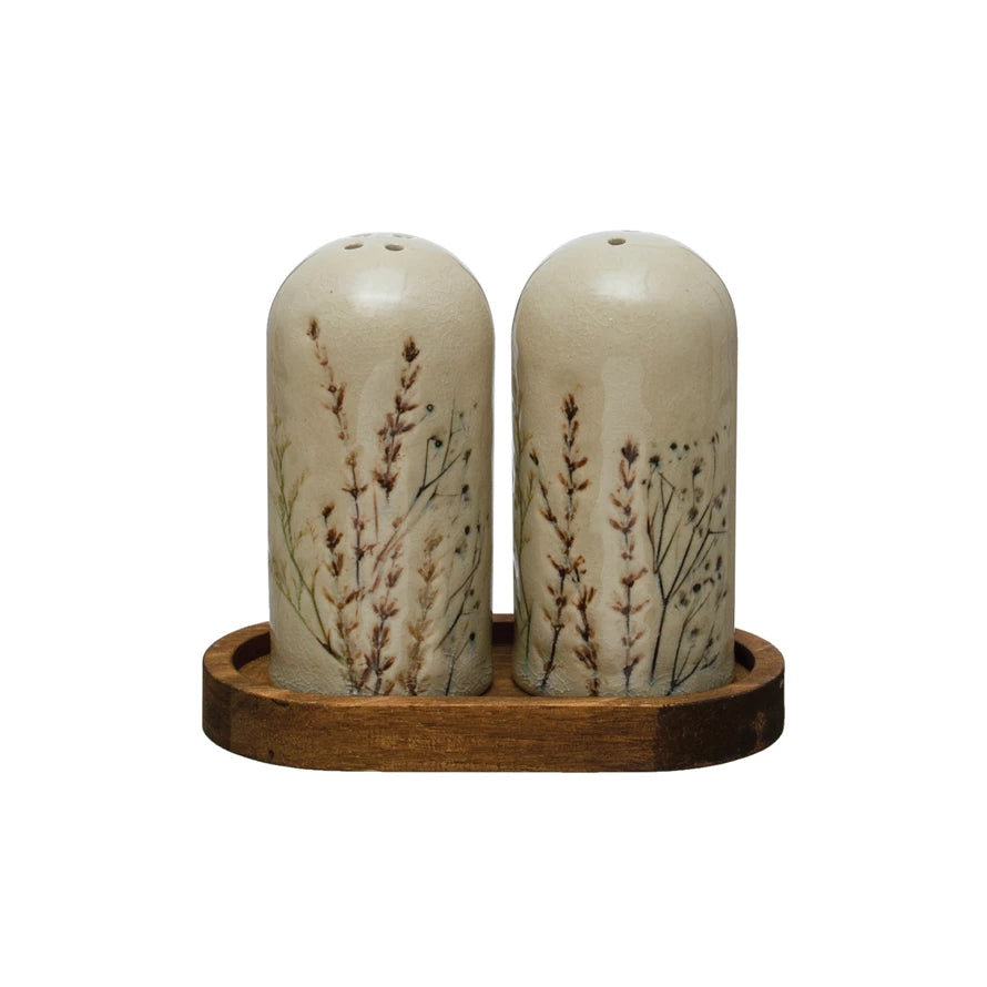 Salt & Pepper Shakers - Debossed Stoneware Floral with Wood Tray