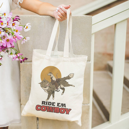 Ride Em Cowboy: Mouse and Cat Cowboy Tote Bag