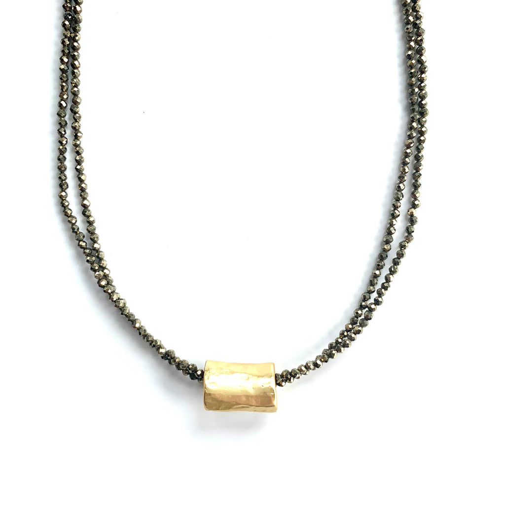 Golden Barrel on Double Pyrite Beaded Necklace