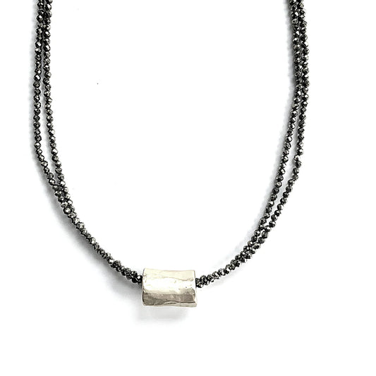 Barrel on Double Pyrite Beaded necklace sterling silver