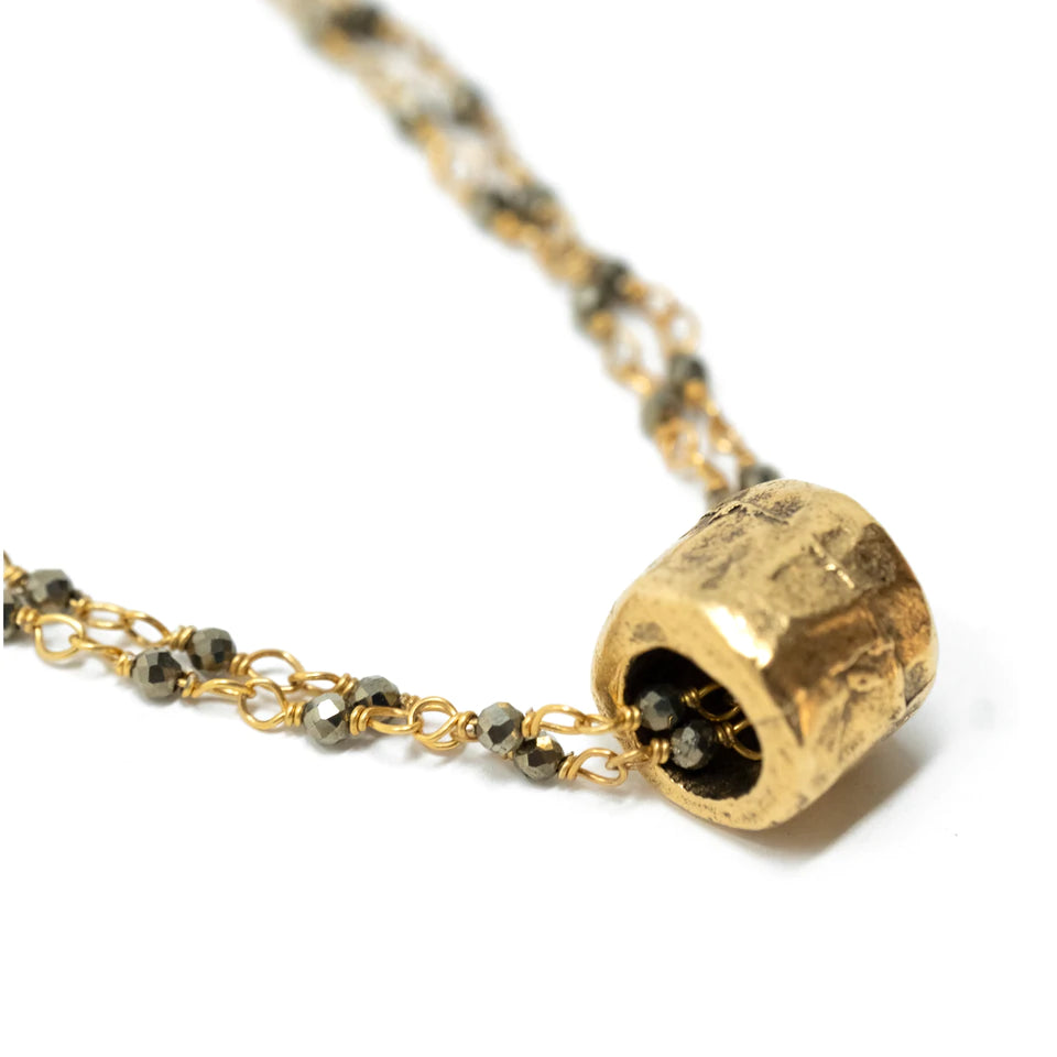 Gold Barrel On Double Pyrite Chain Necklace