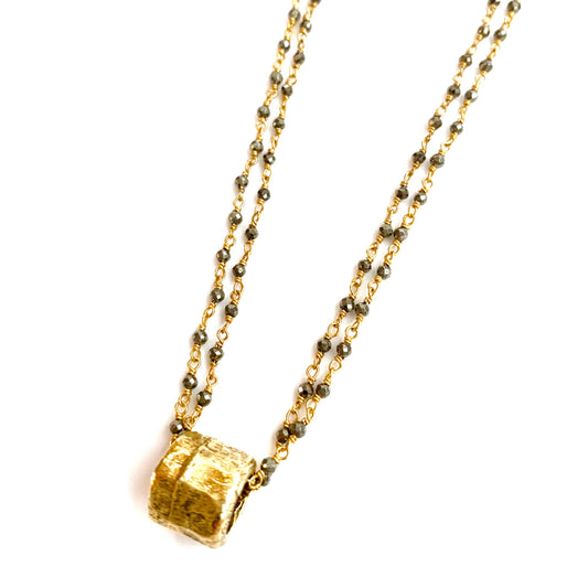 Gold Barrel On Double Pyrite Chain Necklace