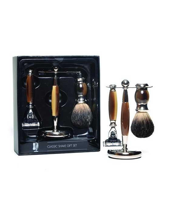 Collection Set: Faux Horn Pure Badger Shaving Brush, Mach 3 Razor, Stand