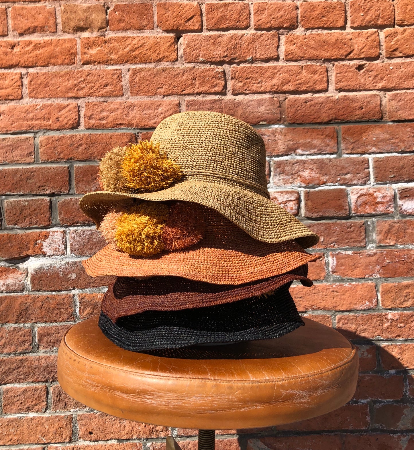 Straw Hat with Straw Pom Poms